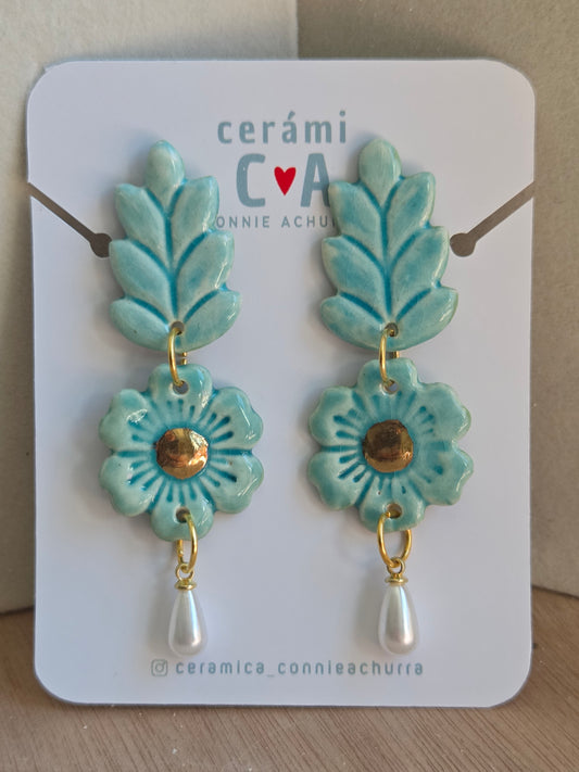 Aros espiga turquesa perla con oro