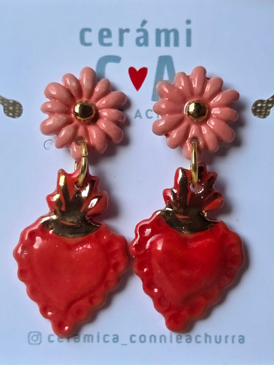 Aros corazón oro 2 piezas rojo rosa flor M
