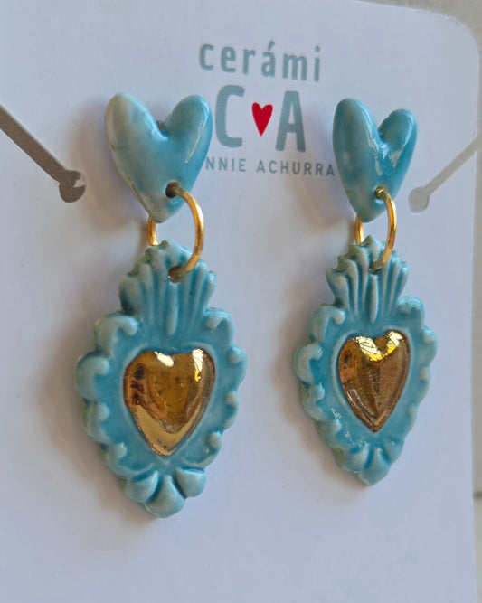 Aros corazón turquesa y oro 2 piezas