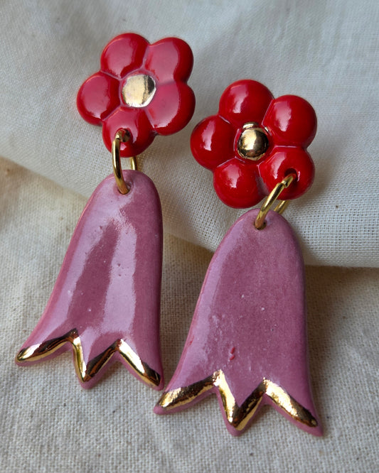 Aros copihues rojo/rosa + lustre de oro L