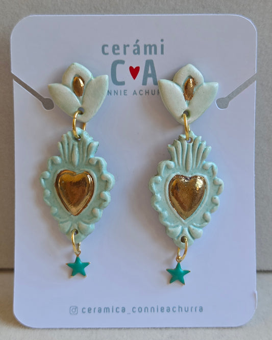 Aros corazón menta con oro, 2 piezas + estrella