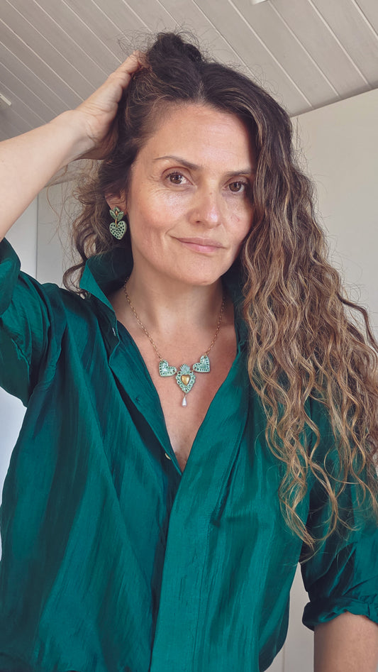 Aros cuore panal verde botella con oro