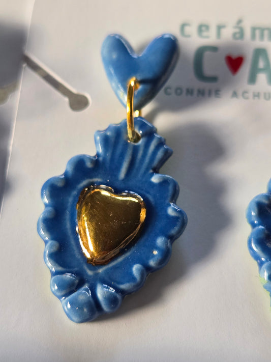 Aros corazón azul y oro 2 piezas