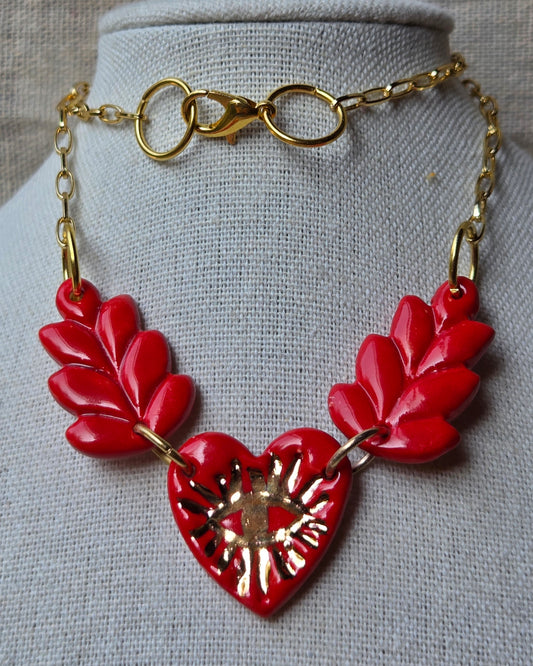 Collar flores corazón rojo + oro