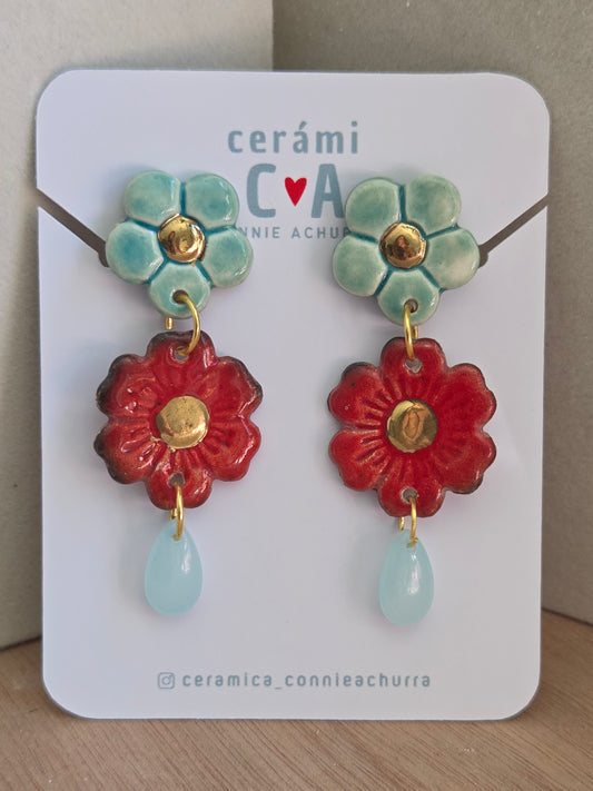 Aros flor rojo y turquesa con oro