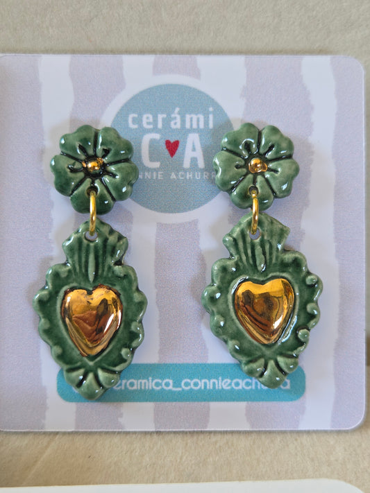 Aros corazón oro verde nilo