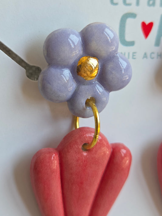 Aros 2 piezas con oro flor lila y rojo sandía