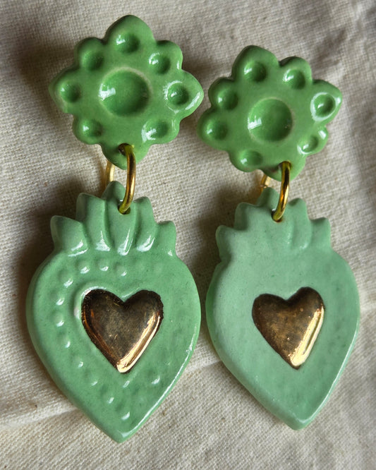 Aros corazón oro 2 piezas verdes M+