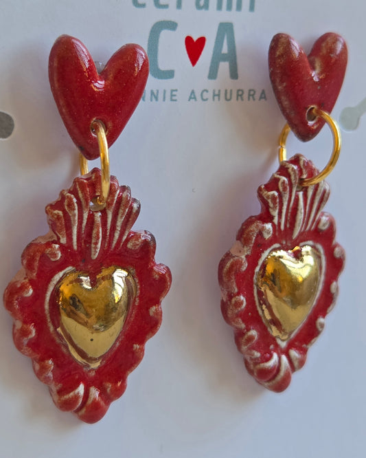 Aros corazón rojo italiano y oro 2 piezas