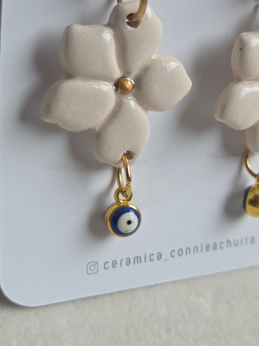 Aros 2 piezas blanco/dorado + ojo turco