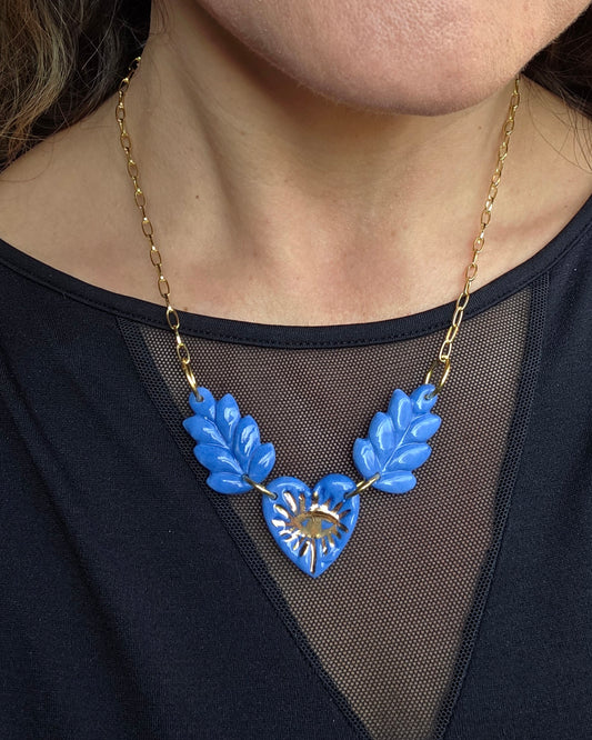 Collar flores corazón azul + oro