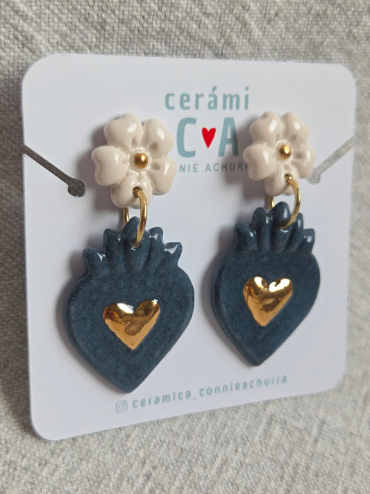 Aros sagrado corazón azul marino con blanco y oro