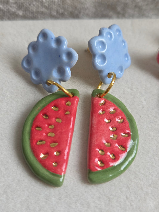 Aros 2 piezas sandías con oro y celeste