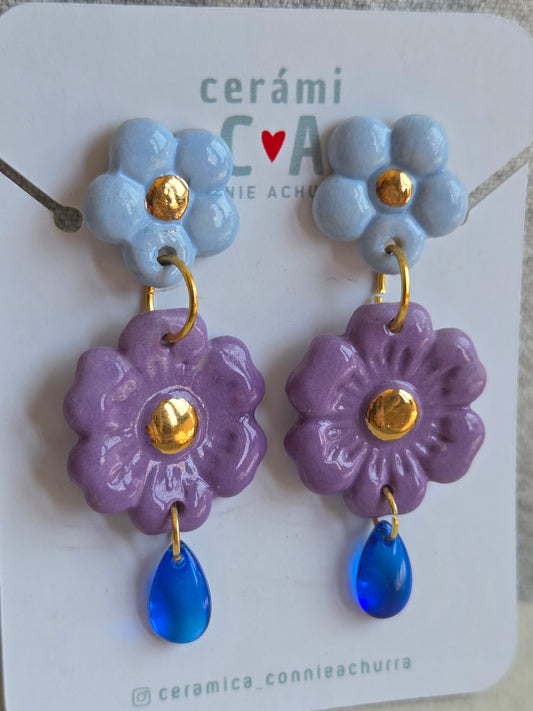 Aros 3 piezas celeste, morado y azul con oro