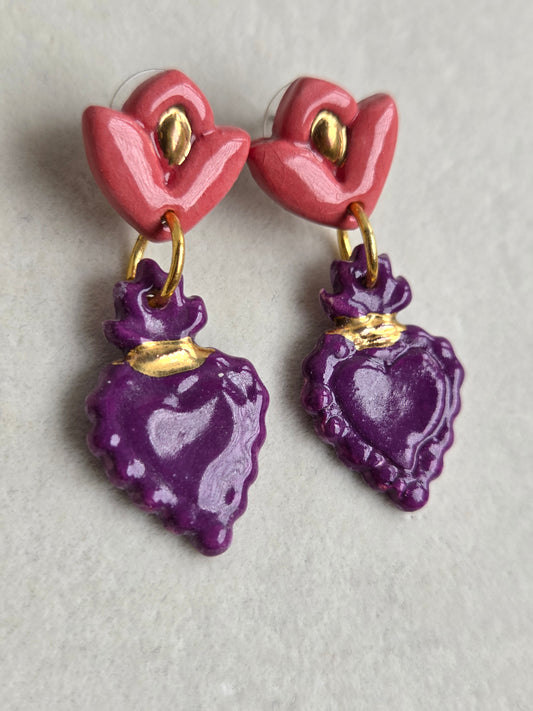 Aros sagrado corazón morado, rosado y oro