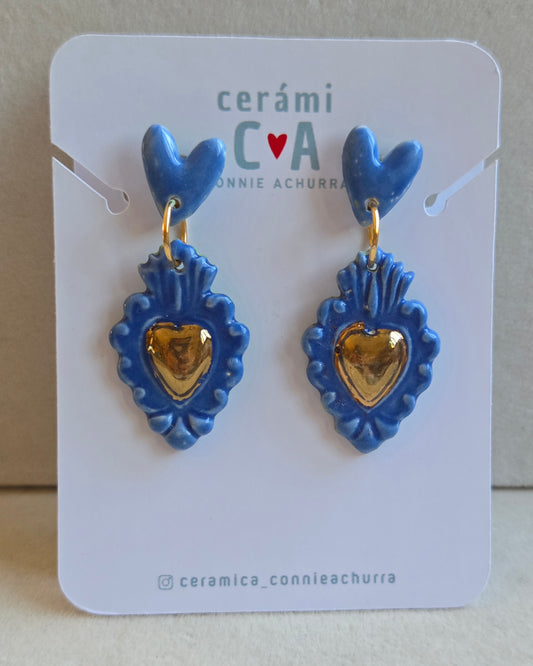 Aros corazón azul y oro 2 piezas