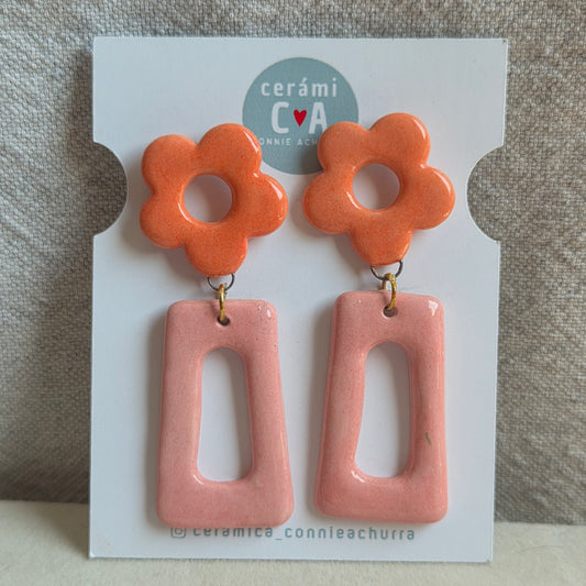 Aros 2 piezas flor naranja y rosa