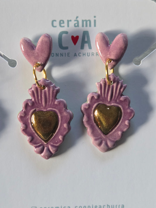 Aros corazón morado y oro 2 piezas