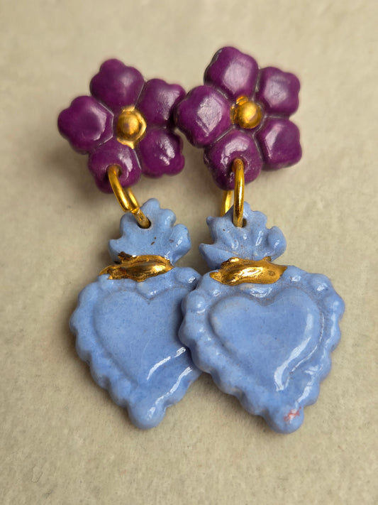 Aros sagrado corazón celeste, morado y oro