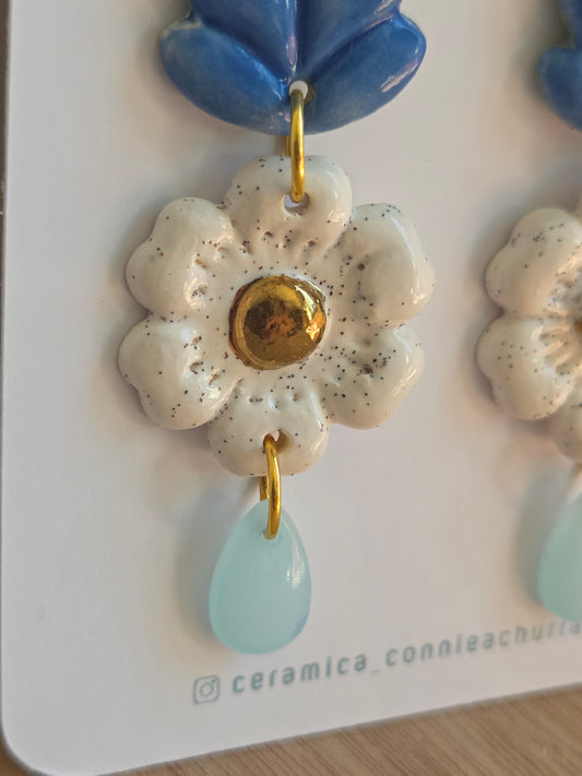 Aros espiga blanco y azul con oro
