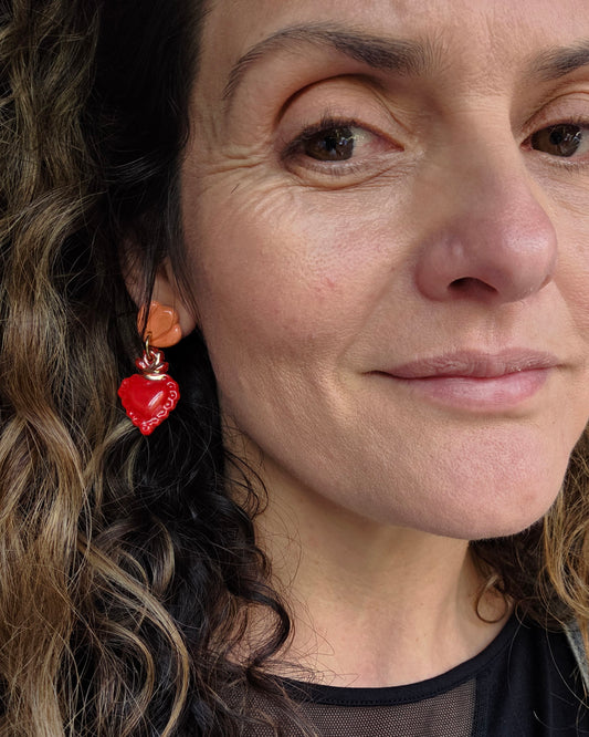 Aros corazón oro 2 piezas rojo naranja M