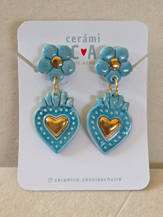 Aros corazón oro turquesa