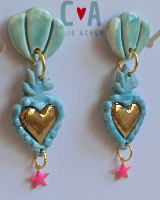 Aros corazón menta y turquesa con oro, 2 piezas + estrella