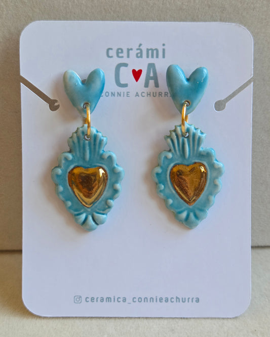 Aros corazón turquesa y oro 2 piezas