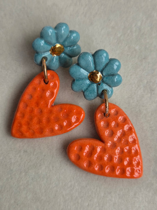 Aros corazón naranja y turquesa 2 piezas con oro