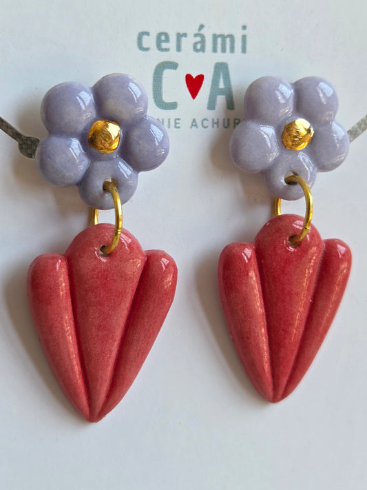 Aros 2 piezas con oro flor lila y rojo sandía