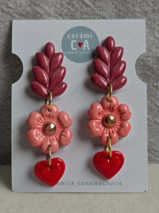 Aros 3 piezas espiga burdeo y flor