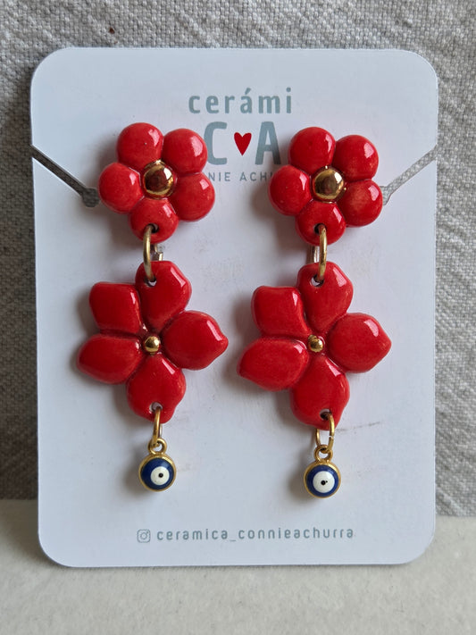 Aros 2 piezas rojo/ oro + ojo turco