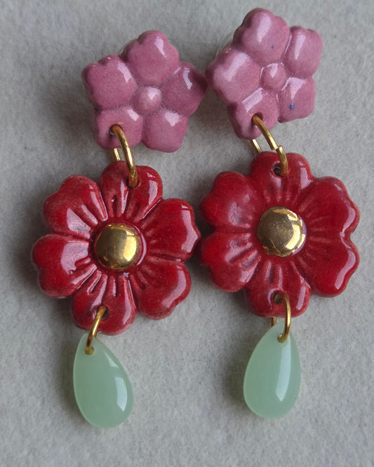 Aros 3 piezas rojo y rosado con oro