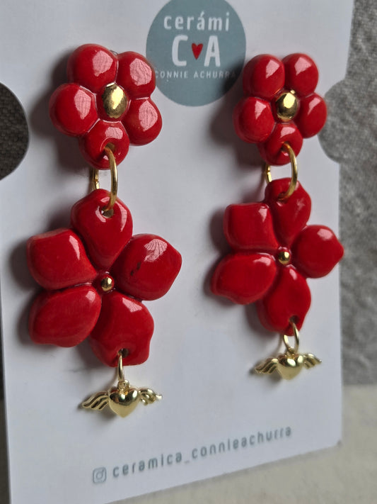 Aros 2 piezas rojo/ oro + corazón alado