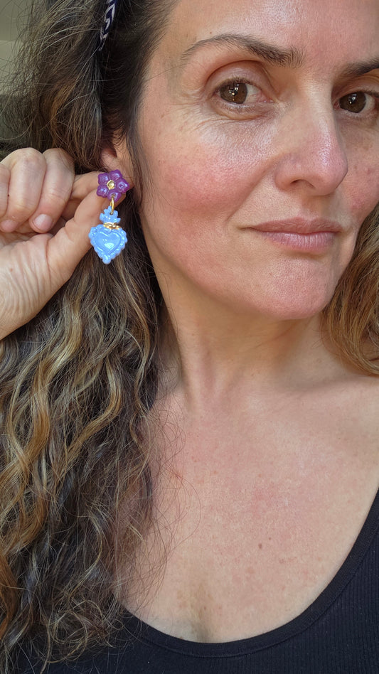 Aros sagrado corazón celeste, morado y oro