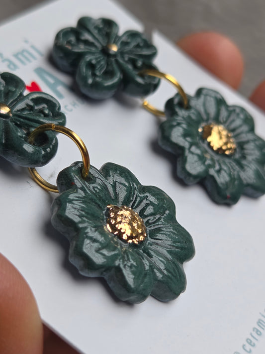 Aros 2 piezas con oro verde petróleo