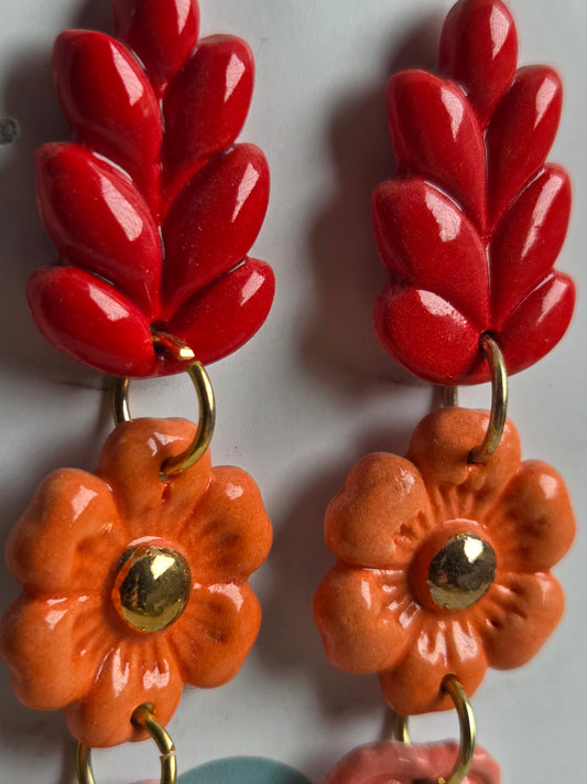 Aros 3 piezas espiga roja y flor