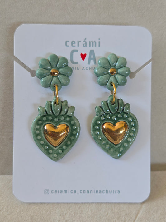 Aros corazón oro verde esmeralda
