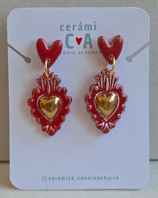 Aros corazón rojo italiano y oro 2 piezas
