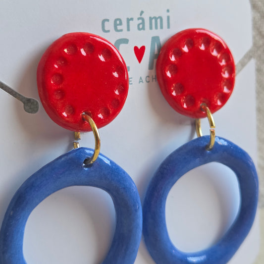 Aros 2 piezas rojo y azul círculos