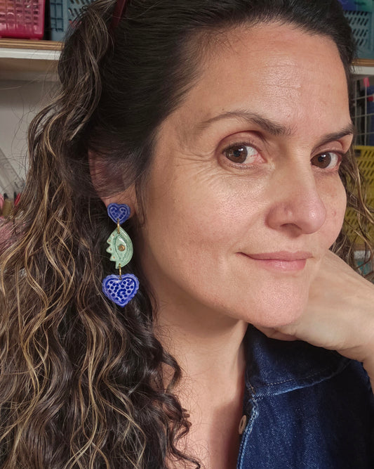 Aros 2 piezas ojos en azul corazón- julio