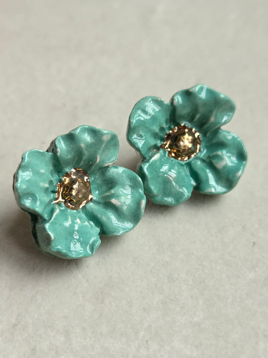 Aros flor turquesa con oro 1 pieza