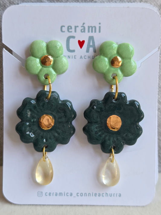 Aros 3 piezas en tonos verde con oro