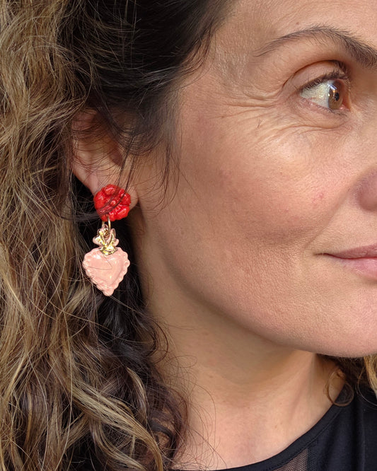 Aros corazón oro 2 piezas rosa rojoa M
