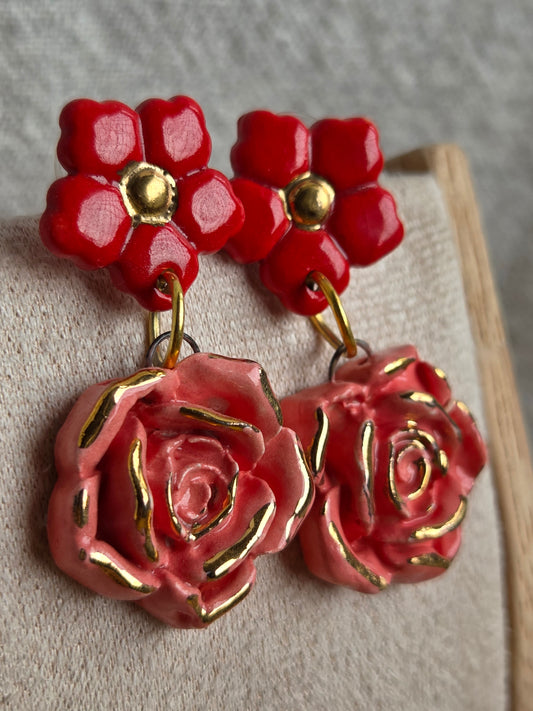 Aros rosas rojoas, rosado y oro,2 piezas