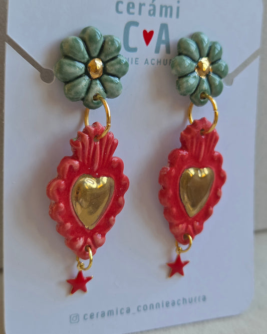 Aros corazón rojo y esmeralda con oro, 2 piezas + estrella