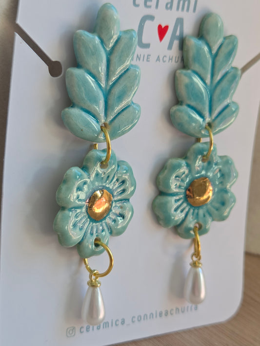 Aros espiga turquesa perla con oro