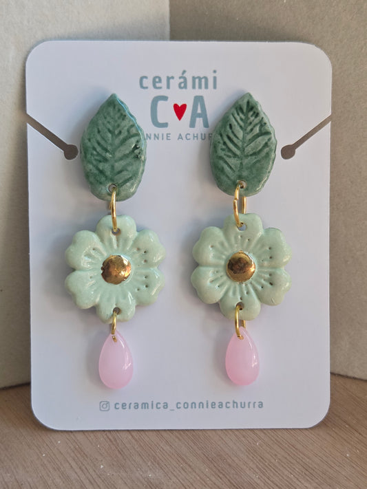 Aros hojita menta y rosa con oro