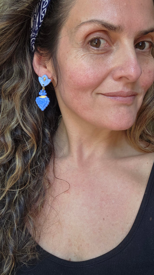 Aros sagrado corazón azul, celeste y oro