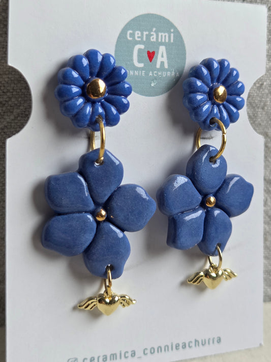 Aros 2 piezas azul/ oro + corazón alado